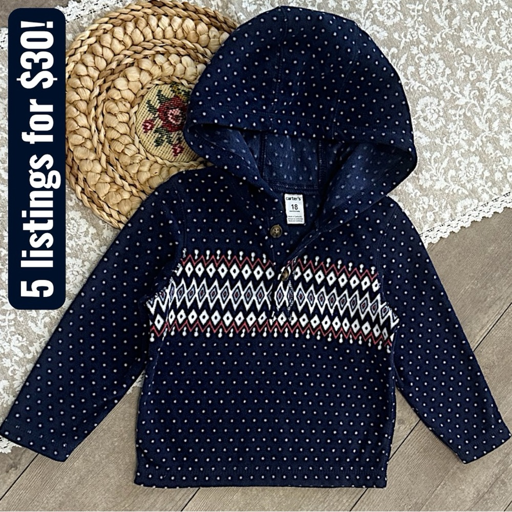 New Carter’s Baby Boy Holiday Sweater Hooded Pullover Faire Isle Winter 18 Month